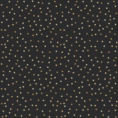 Altın yıldızlı güzel bir arka plan. Kusursuz bir tatil düzeni. Noel yıldızı. Hediye ambalaj kağıdı, kumaş, giysi, tekstil, yüzey dokusu, albüm için dekorasyon. Vektör illüstrasyonu.