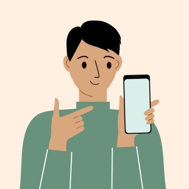 Cep telefonu olan neşeli bir adam, ön manzara. Parmağını telefon ekranına gösteriyor. Haberler. Akıllı telefon ve internet bağımlılığı. Vektör illüstrasyonu.