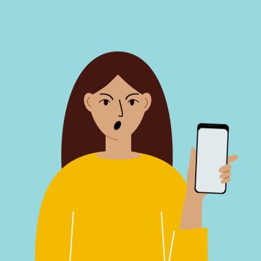 Şok olmuş bir kadın, cep telefonu, ön görüş. Fotoğraf çekmek, okumak, sohbet etmek. Akıllı telefon ve internet bağımlılığı. Vektör illüstrasyonu.