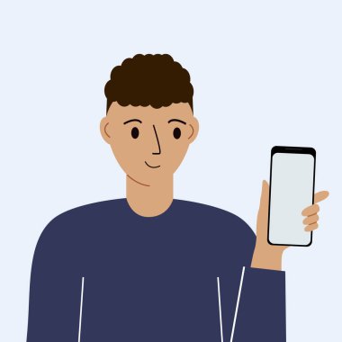 Cep telefonu olan neşeli bir adam, ön manzara. Fotoğraf çekmek, okumak, sohbet etmek. Akıllı telefon ve internet bağımlılığı. Vektör illüstrasyonu.