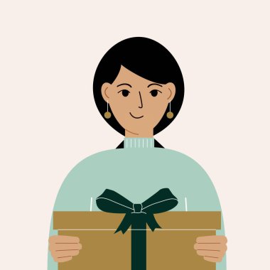 Elinde fiyonklu bir hediye kutusu tutan güzel bir kadın. Vektör düz resimleme