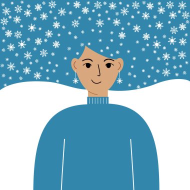 Mutlu Noeller ve mutlu yıllar. Saçında kar taneleri olan güzel bir kadının olduğu kartpostal. Poster, geçmiş, kartpostal, davetiye. Vektör düz resimleme