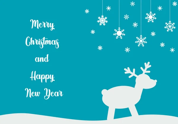 お祝いのメリークリスマスとハッピーニューイヤーとポストカードイラスト カードには 雪の結晶 鹿のシルエットとテキスト ベクトル平図 — ストックベクタ
