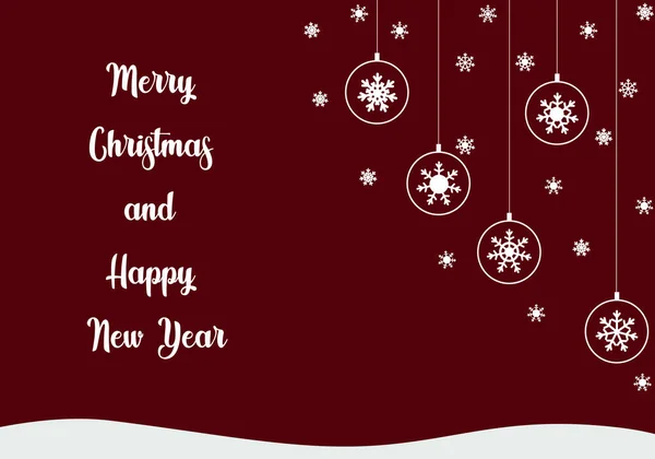 お祝いのメリークリスマスとハッピーニューイヤーとポストカードイラスト 雪の結晶とカード上のクリスマスボール ベクトル平図 — ストックベクタ