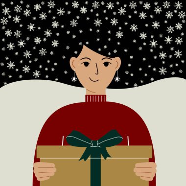 Elinde fiyonklu bir hediye kutusu tutan güzel bir kadın. Vektör düz resimleme