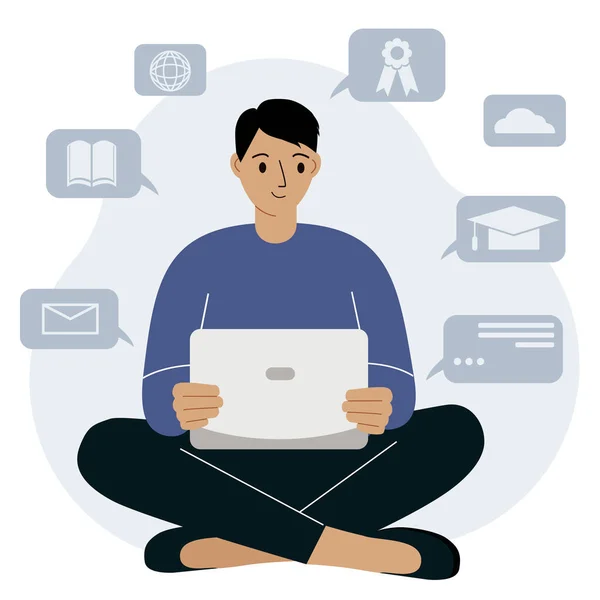 Educação online, conceito de auto-estudo. Um homem senta-se com um portátil no colo e estuda. Conjunto de ícones relacionados à educação —  Vetores de Stock