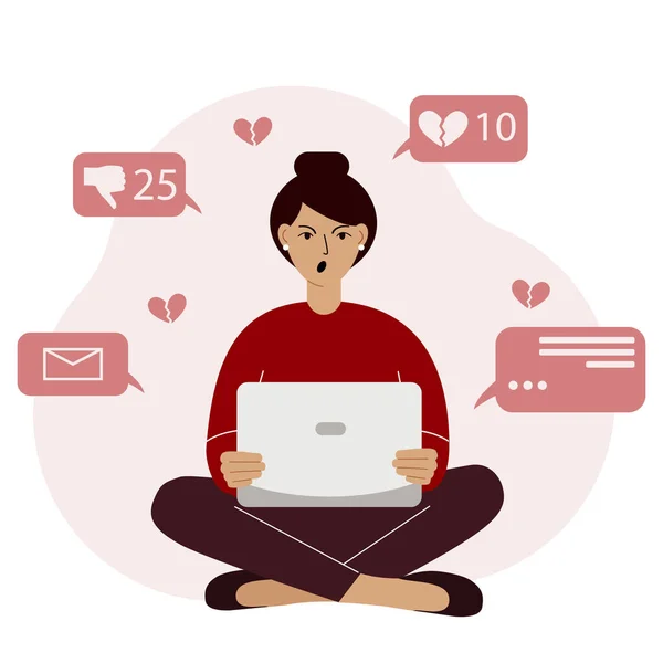 Marketing sur les médias sociaux et croissance de l'audience. Illustration vectorielle de concept de femme en colère assise avec un ordinateur portable — Image vectorielle