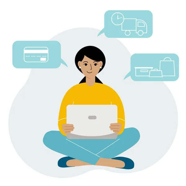 Zakupy online. Kobieta siedzi z laptopem. Kupujący zamawia produkt online. Płatność, dostawa, pokwitowanie. — Wektor stockowy