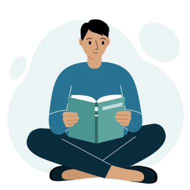 Genç adam kitap okuyor, bacak bacak üstüne atıyor. Boş zaman ve eğitim konsepti. Kitap festivali konsepti, adil, okumak. Vektör illüstrasyonu