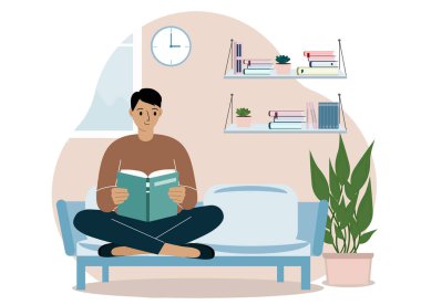 Güzel bir adam evinde kanepede oturup bacak bacak bacak üstüne atarak kitap okur. Boş zaman ve eğitim konsepti. Vektör illüstrasyonu