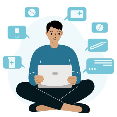 İnternet sitesinden ilaç almak için laptop kullanan bir adamla çevrimiçi eczane hizmeti afişi. Adamın biri dizüstü bilgisayarla bağdaş kurup internetten ilaç sipariş etmiş. Vektör düz resimleme