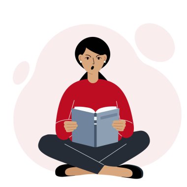 Genç bir kadın kitap okuyor, bacak bacak üstüne atıyor. Kızgın, agresif. Boş zaman ve eğitim konsepti. Kitap festivali konsepti, adil, okumak. Vektör illüstrasyonu