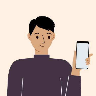 Cep telefonu olan neşeli bir adam, ön manzara. Fotoğraf çekmek, okumak, sohbet etmek. Akıllı telefon ve internet bağımlılığı. Vektör illüstrasyonu.
