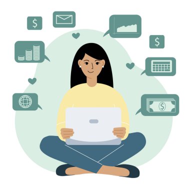 İnternette başarılı bir iş, evden bilgisayarla uzaktan çalışan, para kazanan bir kadın. Finansal refah için internet teknolojileri, veri analizleri. Vektör düz resimleme