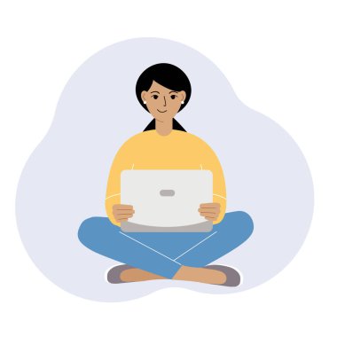 Bir kadın ya da bir kız oturur ve dizüstü bilgisayarda çalışır. İnternet üzerinden uzaktan çalışma ya da iletişim. Tatmin olmuş, neşeli. Vektör düz resimleme.