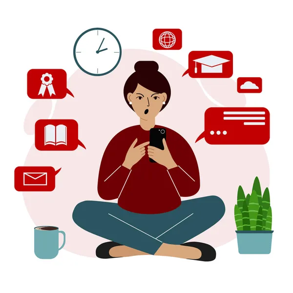Online vzdělávání, samostudium. Žena sedí s mobilním telefonem a je zasnoubená. Zlo. Ikony vzdělávání nastaveny. — Stockový vektor