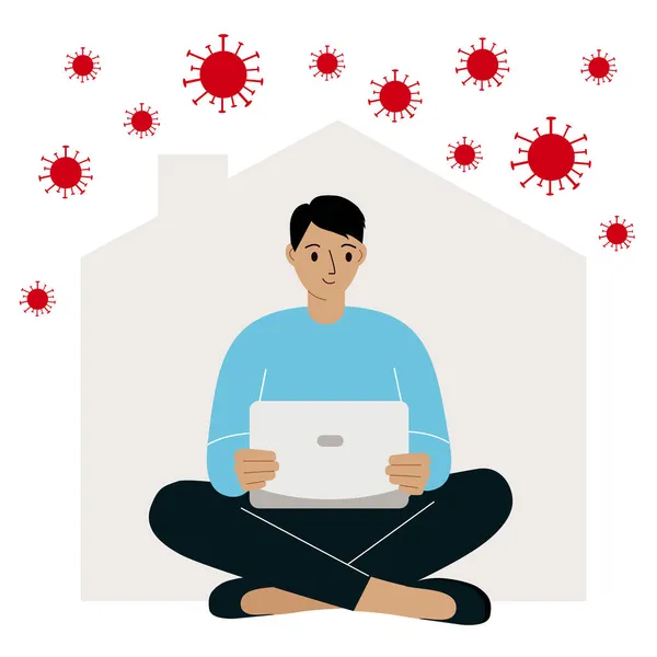 Zelfquarantaine concept. Werk vanuit huis tijdens een virusuitbraak. Persoon die aan een laptop werkt. — Stockvector