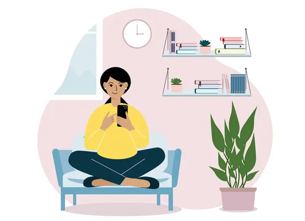 家にいる女性は携帯電話を持ってアームチェアに座っている インターネット上でのリモートワークやコミュニケーション 満足し ベクトル平図 — ストックベクタ