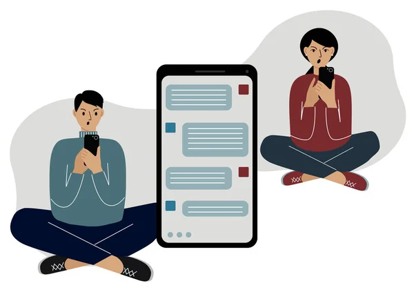 Internetkorrespondens mellan människor i meddelanden. En man och en kvinna sitter tvärbenta och svär, sms:ar i telefonen. — Stock vektor