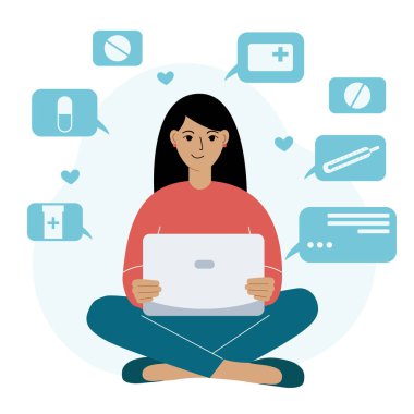İnternetteki eczane servisi pankartı, internet sitesinden ilaç almak için dizüstü bilgisayar kullanan bir kadın. Bir kadın dizüstü bilgisayarla bağdaş kurup internetten ilaç sipariş ediyor. Vektör düz resimleme
