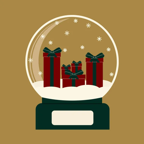 メリークリスマスと多くの異なるギフトボックスとハッピーニューイヤーガラスボール クリスマス マジック ボール 冬のお土産おもちゃ 雪の地球 ベクトル平図 — ストックベクタ