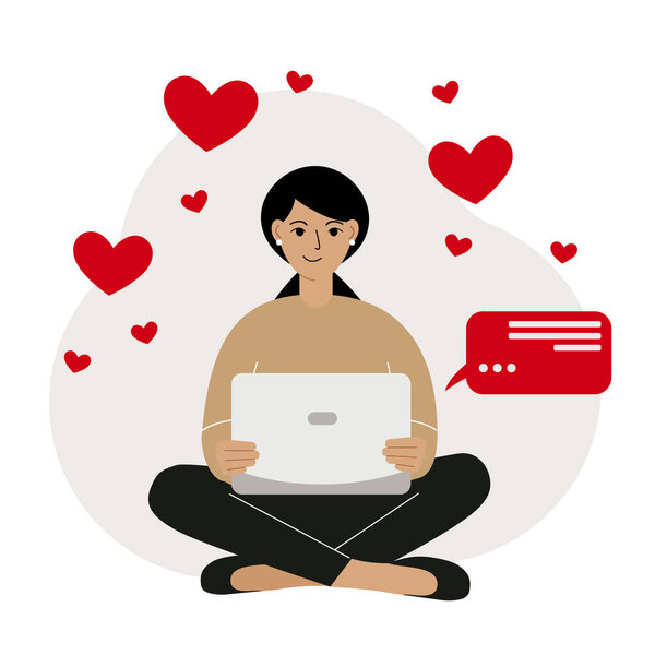 Онлайн знакомства, любовь, романтика. Улыбающаяся женщина сидит со скрещенными ногами с ноутбуком с летающими сердцами вокруг, чувствуя себя счастливой. Ведет переписку. Векторная плоская иллюстрация