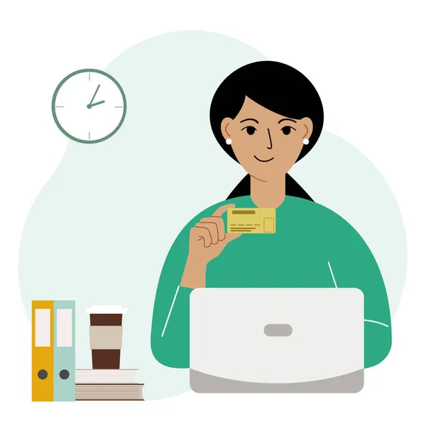 Une Femme Avec Ordinateur Portable Main Tient Une Carte Bancaire — Image vectorielle