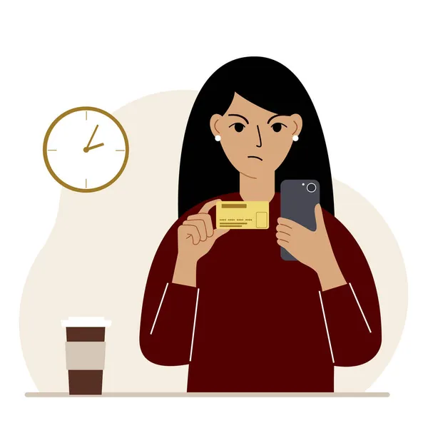 Egy nő mobiltelefonnal a kezében bankkártyát tart. Koncepció hitel, betét, fizetés, terhelés online. Vektor — Stock Vector