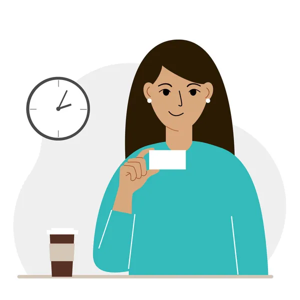 Женщина с ноутбуком в руке держит визитку. Карточка пустое место для текста. Вектор — стоковый вектор