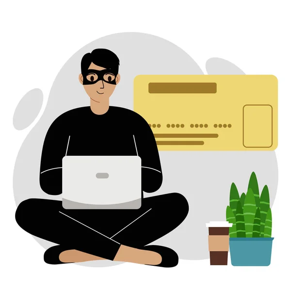 Hacker Invade Detalhes Cartão Crédito Rouba Dinheiro Cartão Hacker Trabalha — Vetor de Stock