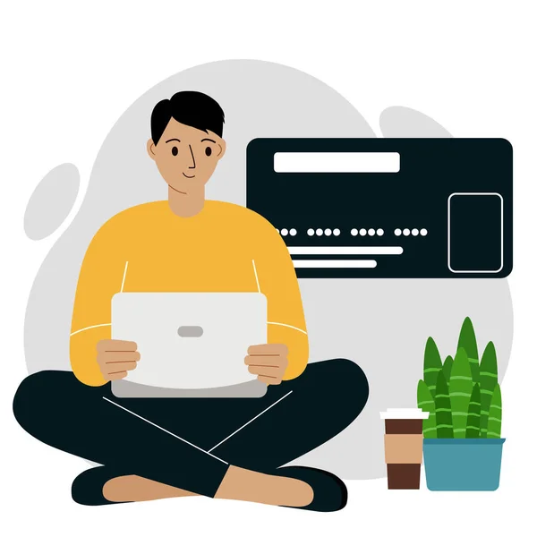 Begreppet Betalning Online Närbild Ett Stort Kreditkort Man Sitter Med — Stock vektor