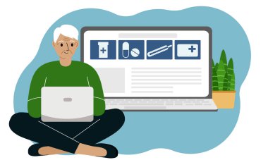 Çevrimiçi eczane, ilaç, tedavi kavramı. Yaşlı bir adam dizüstü bilgisayarla oturuyor. İnternet sitesi açık bir laptop. Vektör düz resimleme