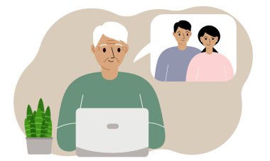 Aile uzaktan video konferansı ya da konferans çağrısı. Ebeveynler çocuklarla video aracılığıyla iletişim kurar. Vektör düz resimleme