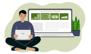 Çevrimiçi kazanç, yatırım, elektronik para kavramı. Adamın biri dizüstü bilgisayarla bacak bacak üstüne atmış oturuyor. İnternet sitesi açık bir laptop. Vektör düz resimleme
