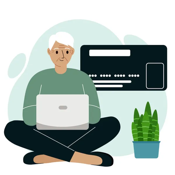Koncepcja płatności online. Zamknij dużą kartę kredytową. Staruszek siedzi ze skrzyżowanymi nogami, trzymając laptopa w ręce.. — Wektor stockowy