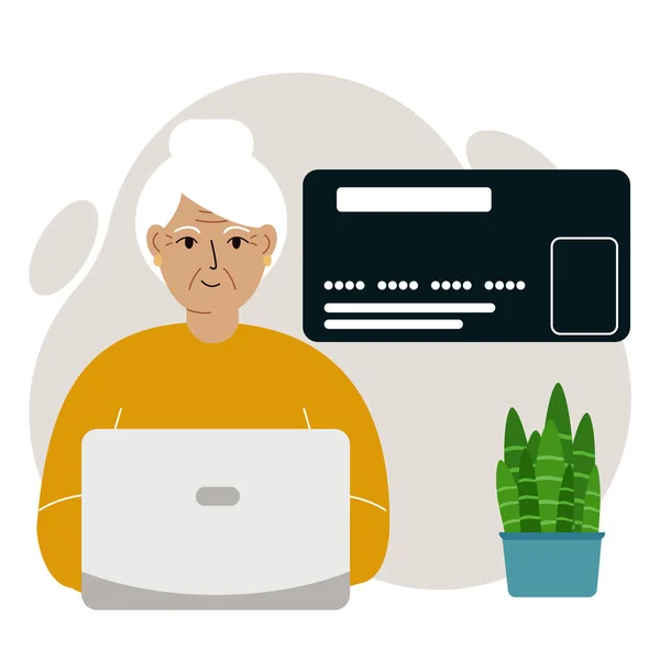 オンライン決済の概念 大規模なクレジットカードを閉じます 老婦人 祖母は ノートパソコンで ベクトル平図 — ストックベクタ