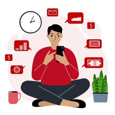 Bir adam cep telefonundaki verileri analiz eder ve bacak bacak üstüne atar. Kötülük. İş grafikleri, çizelgeler ve analizler. Vektör düz resimleme.