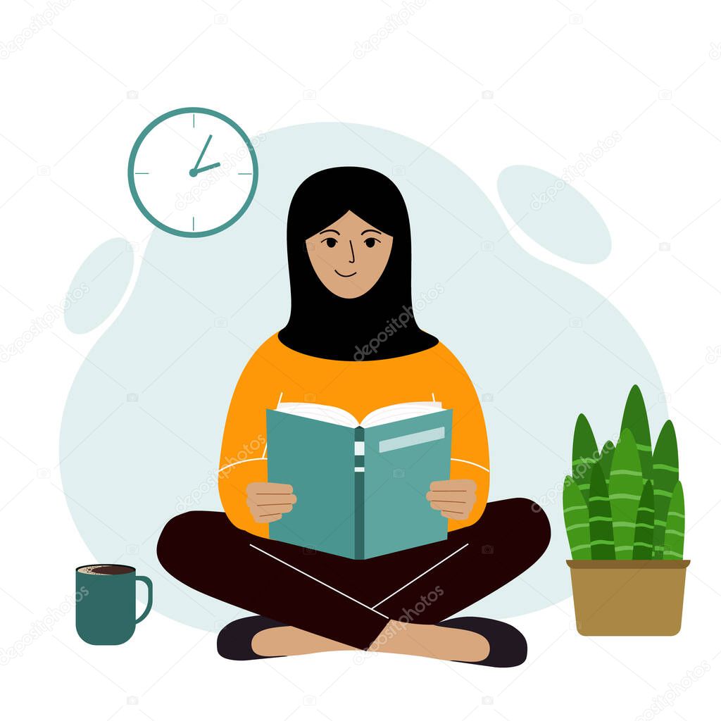 Muslim woman reads a book, legs crossed. Leisure and education concept. The concept of a book festival, fair, reading. Vector illustration