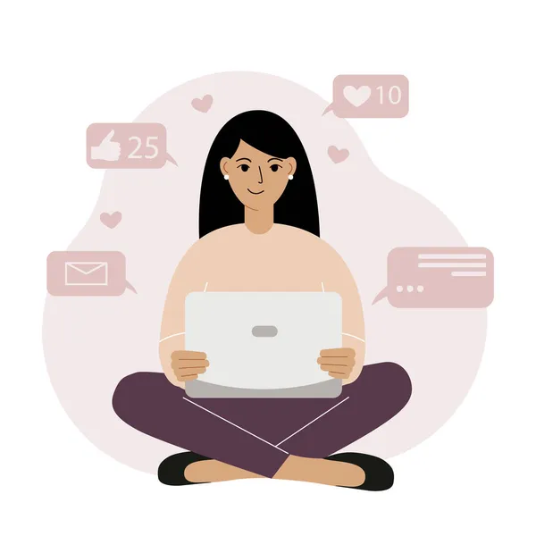 社交媒体营销和受众增长 平面矢量概念的例子是一个微笑的女人 她坐在笔记本电脑旁 浏览网络 与人交流 得到喜欢和喜欢 — 图库矢量图片