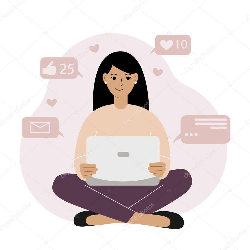 Social media marketing and audience growth. Flat vector concept illustration of smiling woman sitting with laptop and browsing the net to communicate and get likes and hearts.