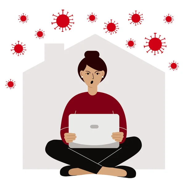 自我隔离的概念 病毒爆发期间在家工作 在笔记本电脑上工作的人 矢量平面插图 — 图库矢量图片