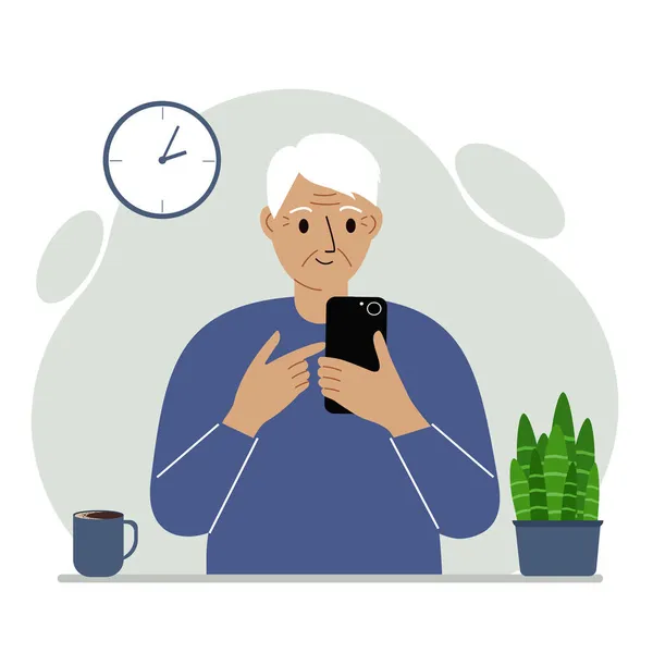 Dziadek Trzyma Komórkę Ręku Starszy Człowiek Uczy Się Korzystać Telefonu — Wektor stockowy