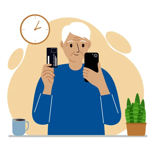 Dědeček Drží Jedné Ruce Mobilní Telefon Druhé Plastovou Kartu Starší — Stockový vektor