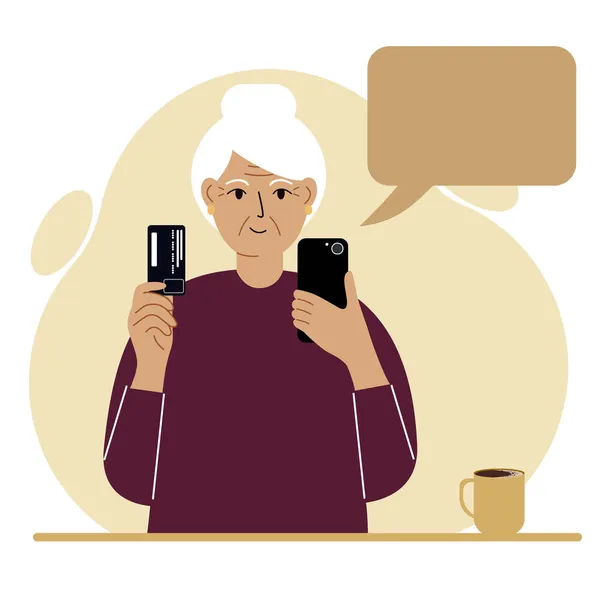 Babcia Trzyma Telefon Komórkowy Jednej Ręce Plastikową Drugiej Starsza Kobieta — Wektor stockowy