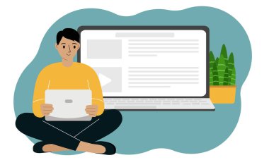 Adamın biri dizüstü bilgisayarla bacak bacak üstüne atmış oturuyor. İnternet sitesi açık bir laptop. Vektör düz resimleme