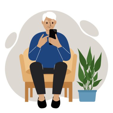 Mutlu büyükbaba cep telefonuyla bir sandalyede oturuyor. Rahatla ve evde çalış. Vektör düz resimleme