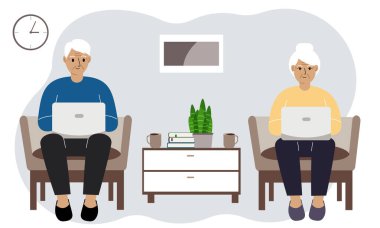 Aile evde birlikte vakit geçiriyor, dedeleri oturma odasında dizüstü bilgisayar kullanarak dinleniyor. Aile akşamı modern emekliler, düz vektör.