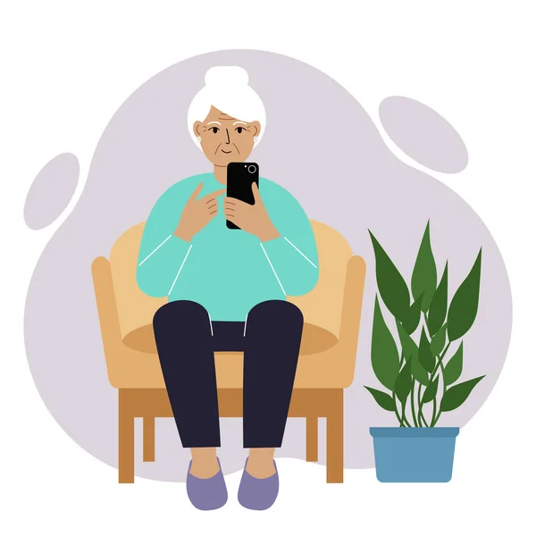 Szczęśliwa Babcia Jest Zajęta Telefonem Komórkowym Siedząc Krześle Odpręż Się — Wektor stockowy