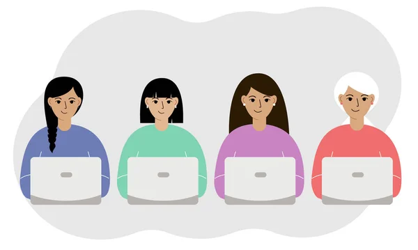 Muchas Mujeres Jóvenes Diferentes Con Computadoras Portátiles Trabajo Una Computadora — Vector de stock