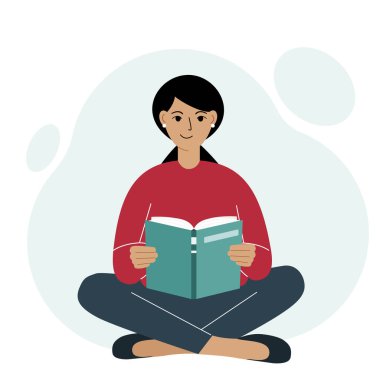 Genç bir kadın kitap okuyor, bacak bacak üstüne atıyor. Boş zaman ve eğitim konsepti. Kitap festivali konsepti, adil, okumak. Vektör illüstrasyonu